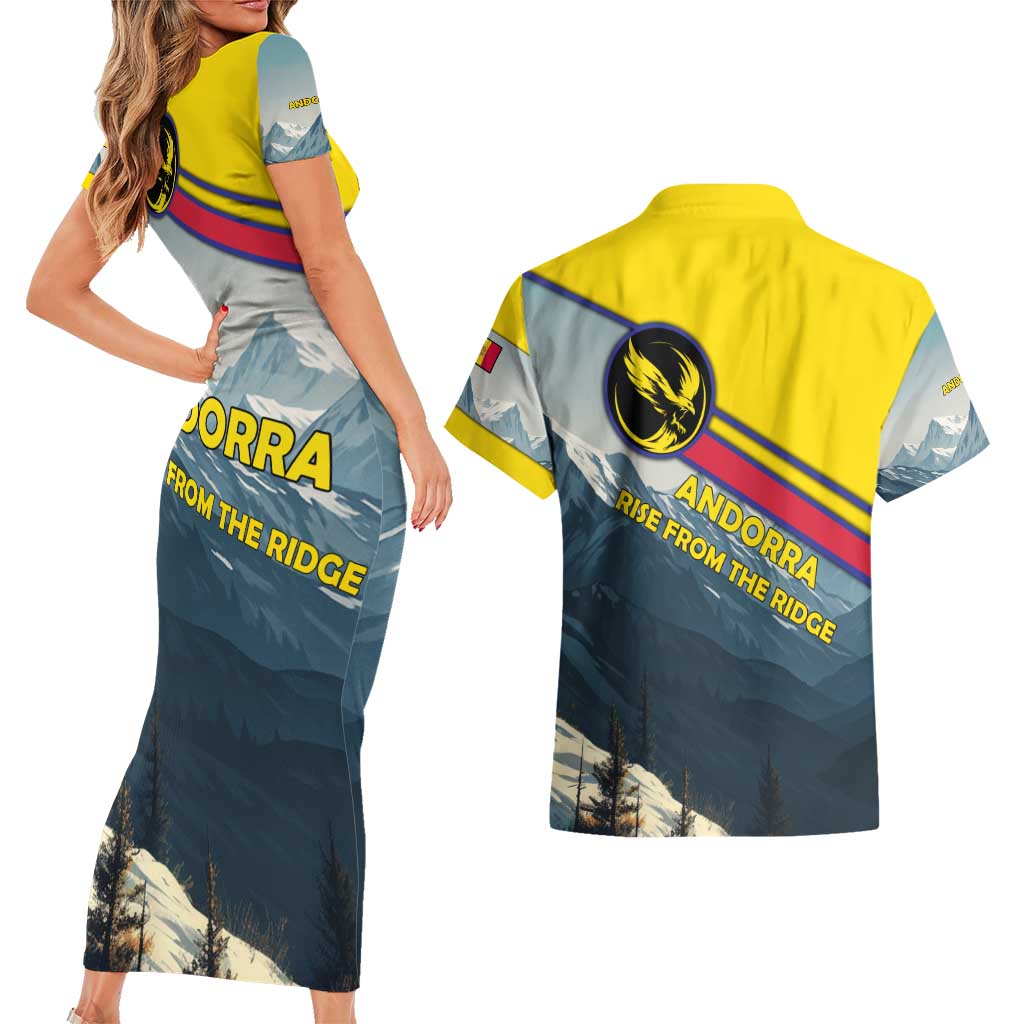 Andorra Couples Matching Short Sleeve Bodycon Dress and Hawaiian Shirt with Mountain Ridge and Eagle Emblem Design - Wonder Print Shop