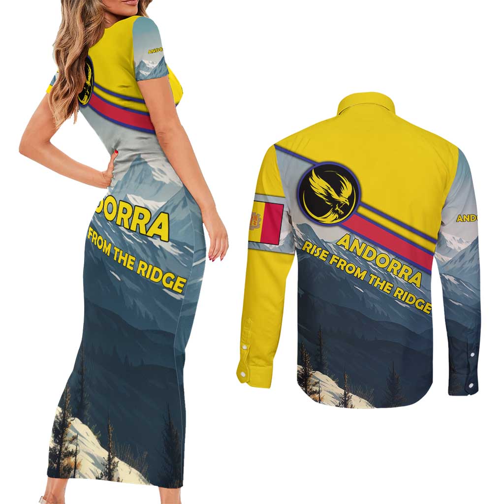Andorra Couples Matching Short Sleeve Bodycon Dress and Long Sleeve Button Shirt with Mountain Ridge and Eagle Emblem Design - Wonder Print Shop