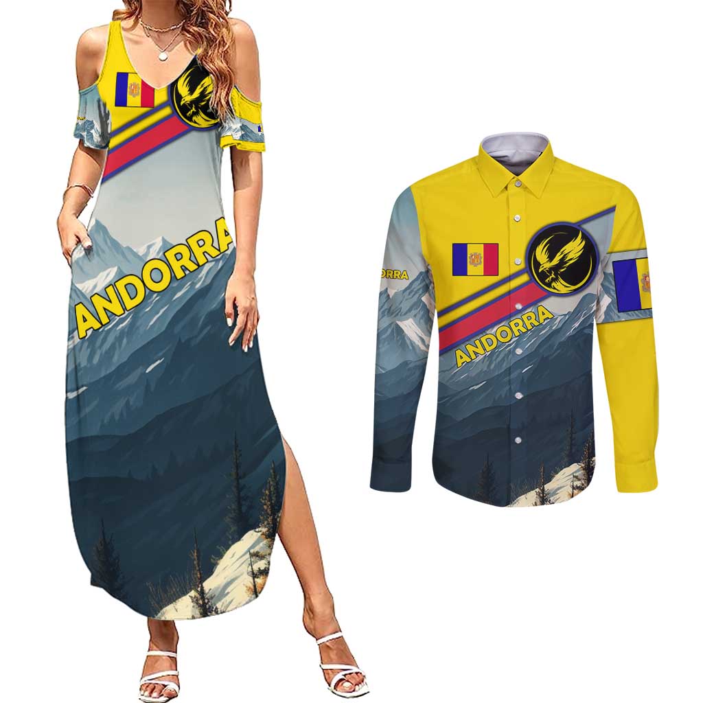 Andorra Couples Matching Summer Maxi Dress and Long Sleeve Button Shirt with Mountain Ridge and Eagle Emblem Design - Wonder Print Shop