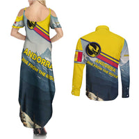 Andorra Couples Matching Summer Maxi Dress and Long Sleeve Button Shirt with Mountain Ridge and Eagle Emblem Design - Wonder Print Shop
