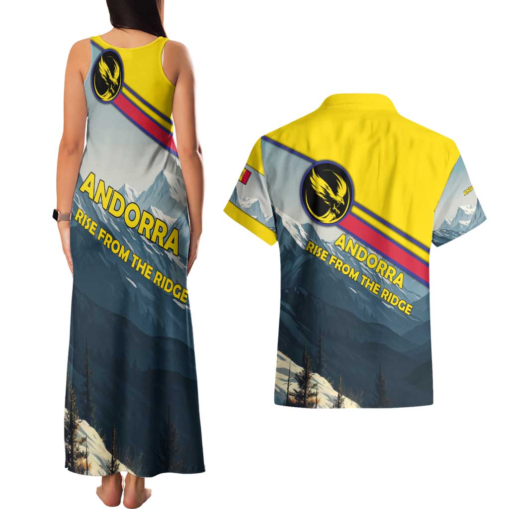 Andorra Couples Matching Tank Maxi Dress and Hawaiian Shirt with Mountain Ridge and Eagle Emblem Design - Wonder Print Shop