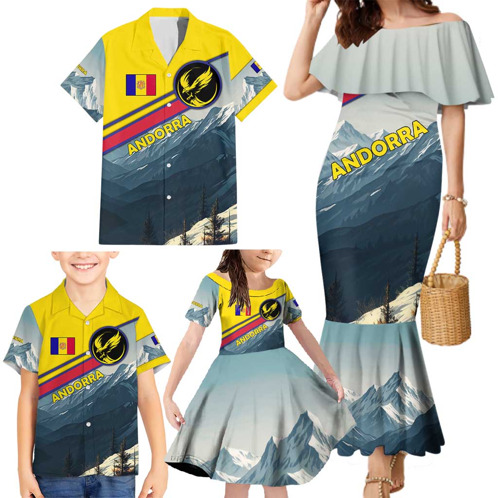 Andorra Family Matching Mermaid Dress and Hawaiian Shirt with Mountain Ridge and Eagle Emblem Design - Wonder Print Shop