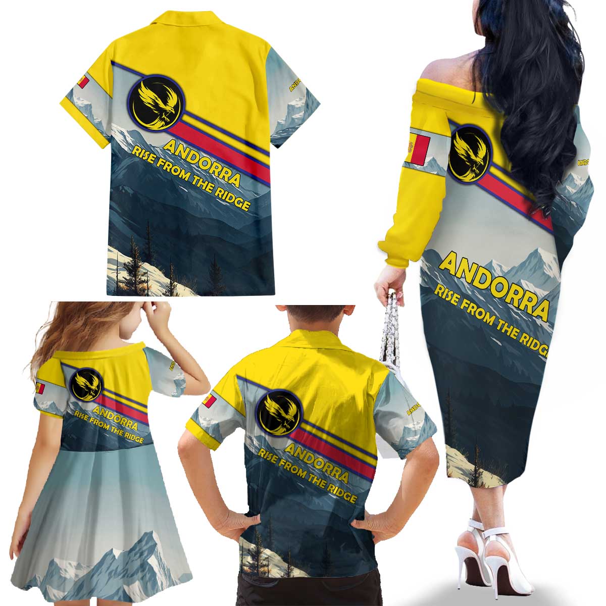 Andorra Family Matching Off The Shoulder Long Sleeve Dress and Hawaiian Shirt with Mountain Ridge and Eagle Emblem Design - Wonder Print Shop