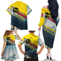 Andorra Family Matching Off The Shoulder Long Sleeve Dress and Hawaiian Shirt with Mountain Ridge and Eagle Emblem Design - Wonder Print Shop