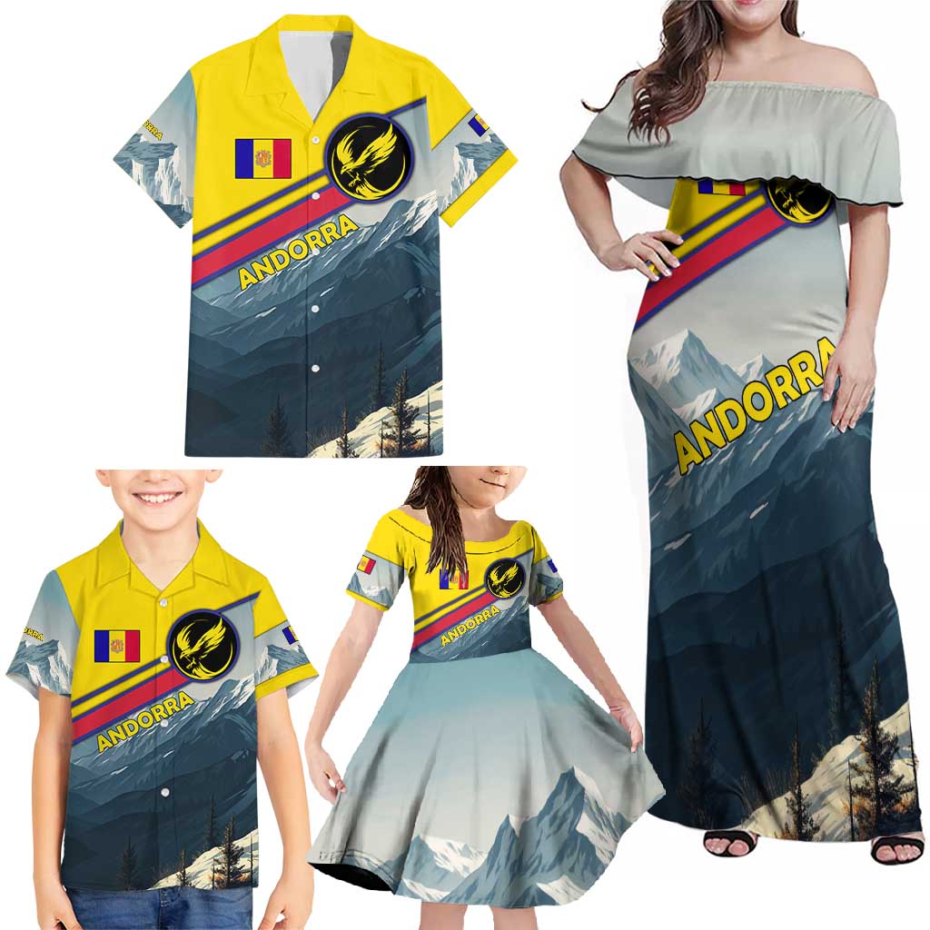 Andorra Family Matching Off Shoulder Maxi Dress and Hawaiian Shirt with Mountain Ridge and Eagle Emblem Design - Wonder Print Shop