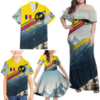 Andorra Family Matching Off Shoulder Maxi Dress and Hawaiian Shirt with Mountain Ridge and Eagle Emblem Design - Wonder Print Shop