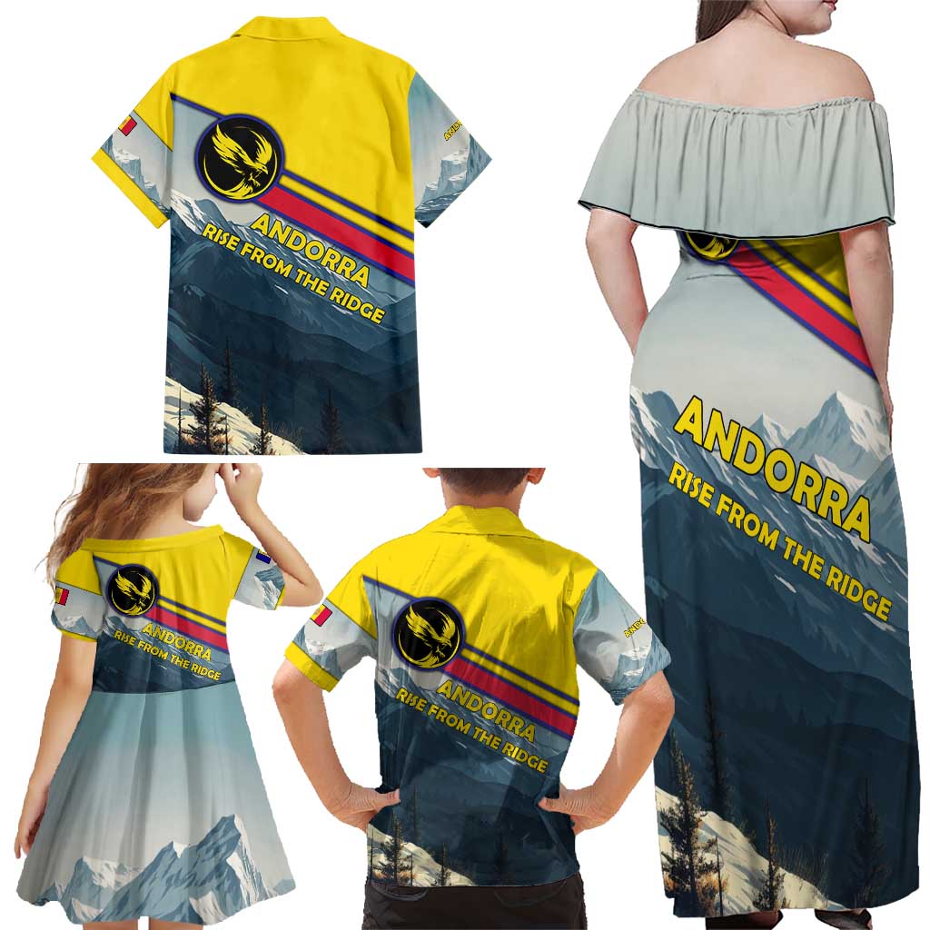 Andorra Family Matching Off Shoulder Maxi Dress and Hawaiian Shirt with Mountain Ridge and Eagle Emblem Design - Wonder Print Shop