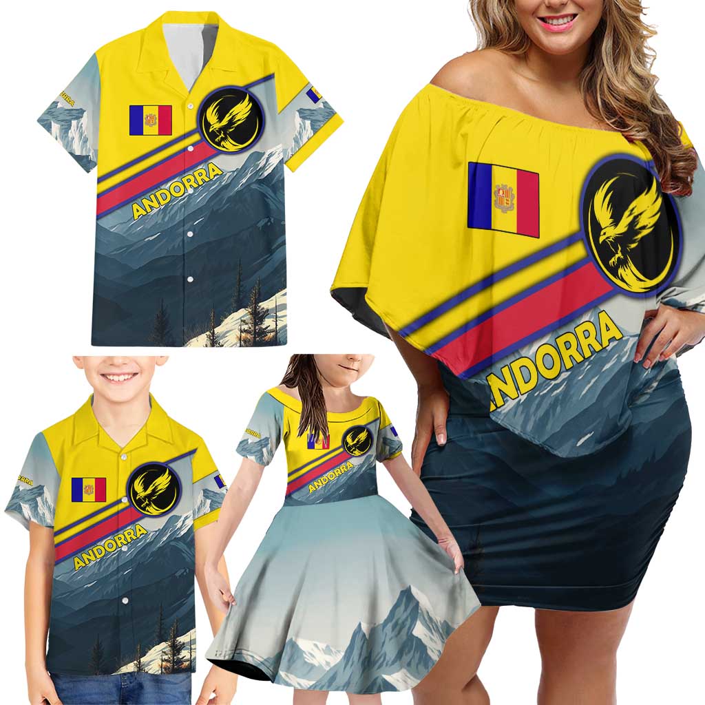 Andorra Family Matching Off Shoulder Short Dress and Hawaiian Shirt with Mountain Ridge and Eagle Emblem Design - Wonder Print Shop