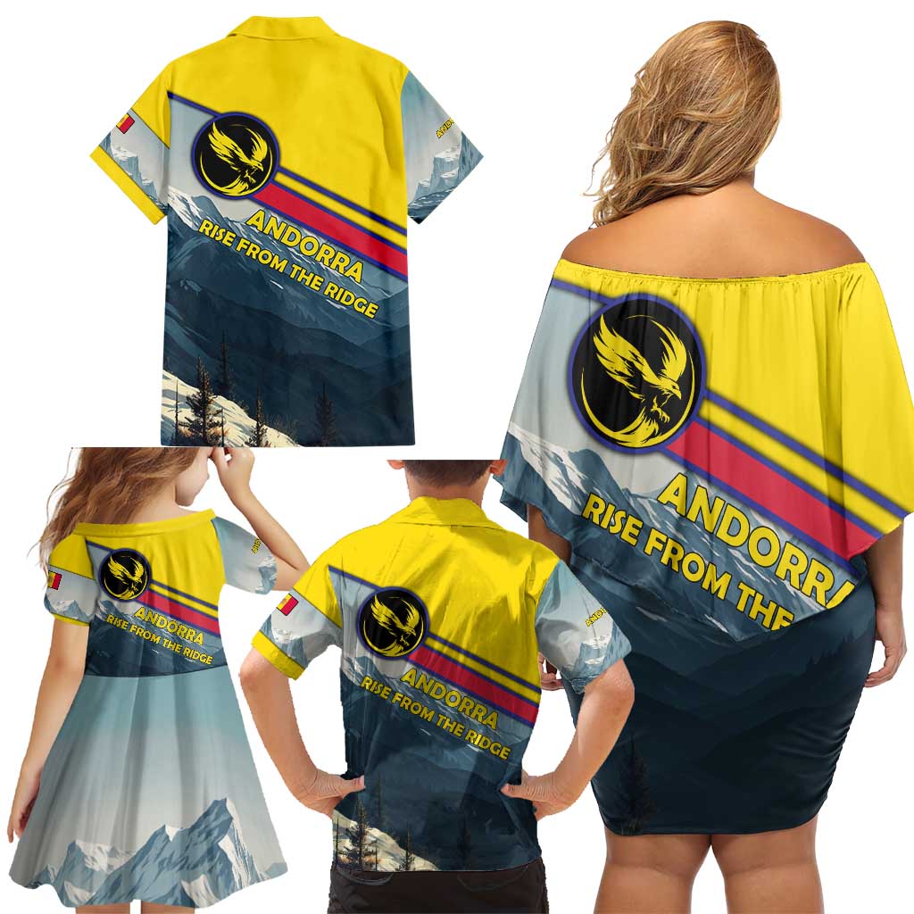 Andorra Family Matching Off Shoulder Short Dress and Hawaiian Shirt with Mountain Ridge and Eagle Emblem Design - Wonder Print Shop