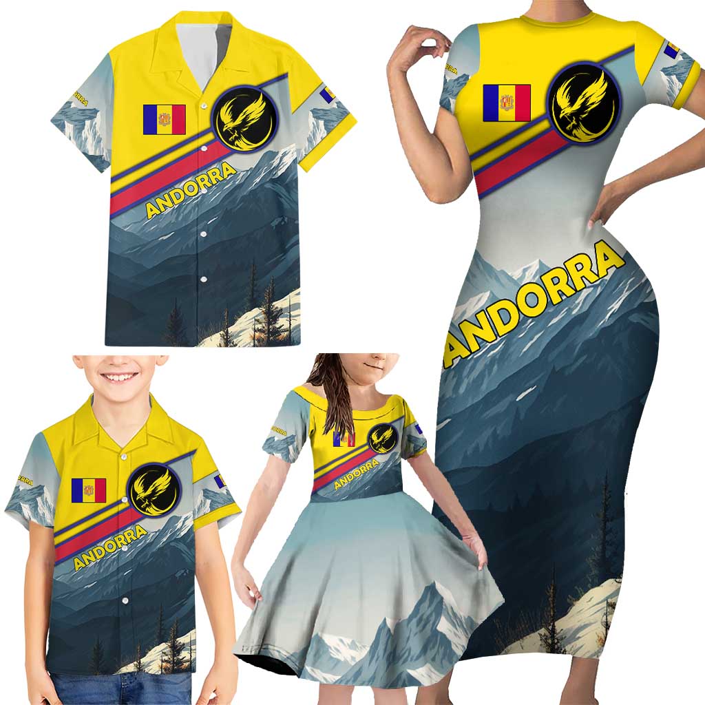 Andorra Family Matching Short Sleeve Bodycon Dress and Hawaiian Shirt with Mountain Ridge and Eagle Emblem Design - Wonder Print Shop