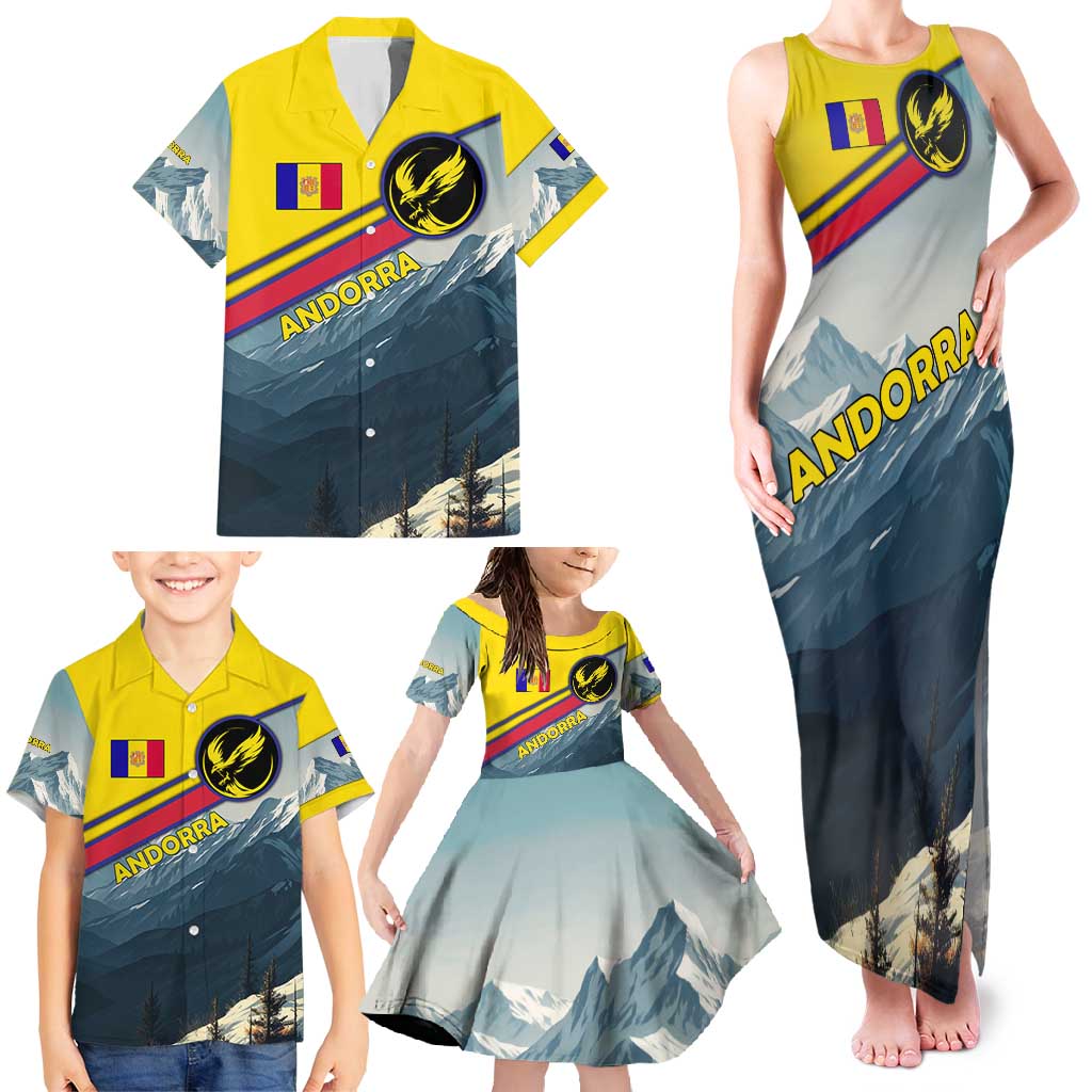 Andorra Family Matching Tank Maxi Dress and Hawaiian Shirt with Mountain Ridge and Eagle Emblem Design - Wonder Print Shop