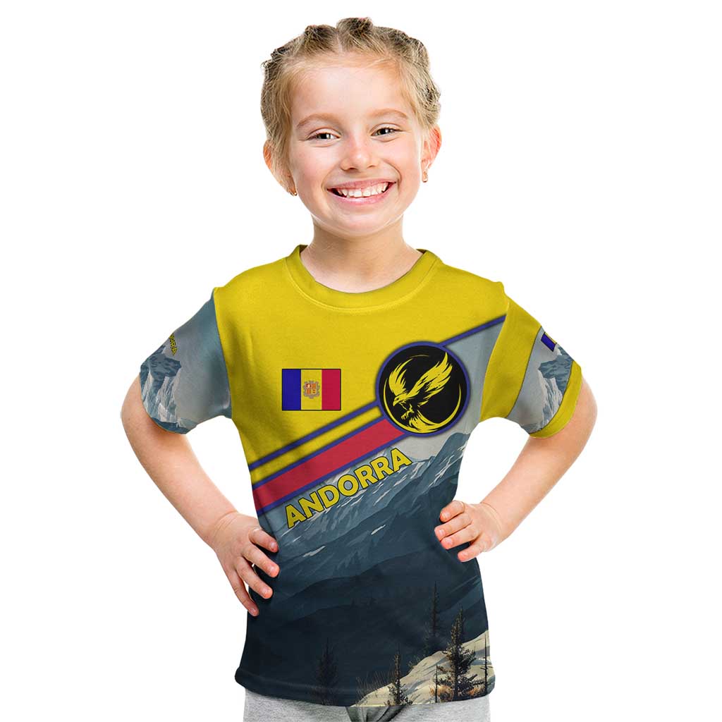 Andorra Kid T Shirt with Mountain Ridge and Eagle Emblem Design - Wonder Print Shop