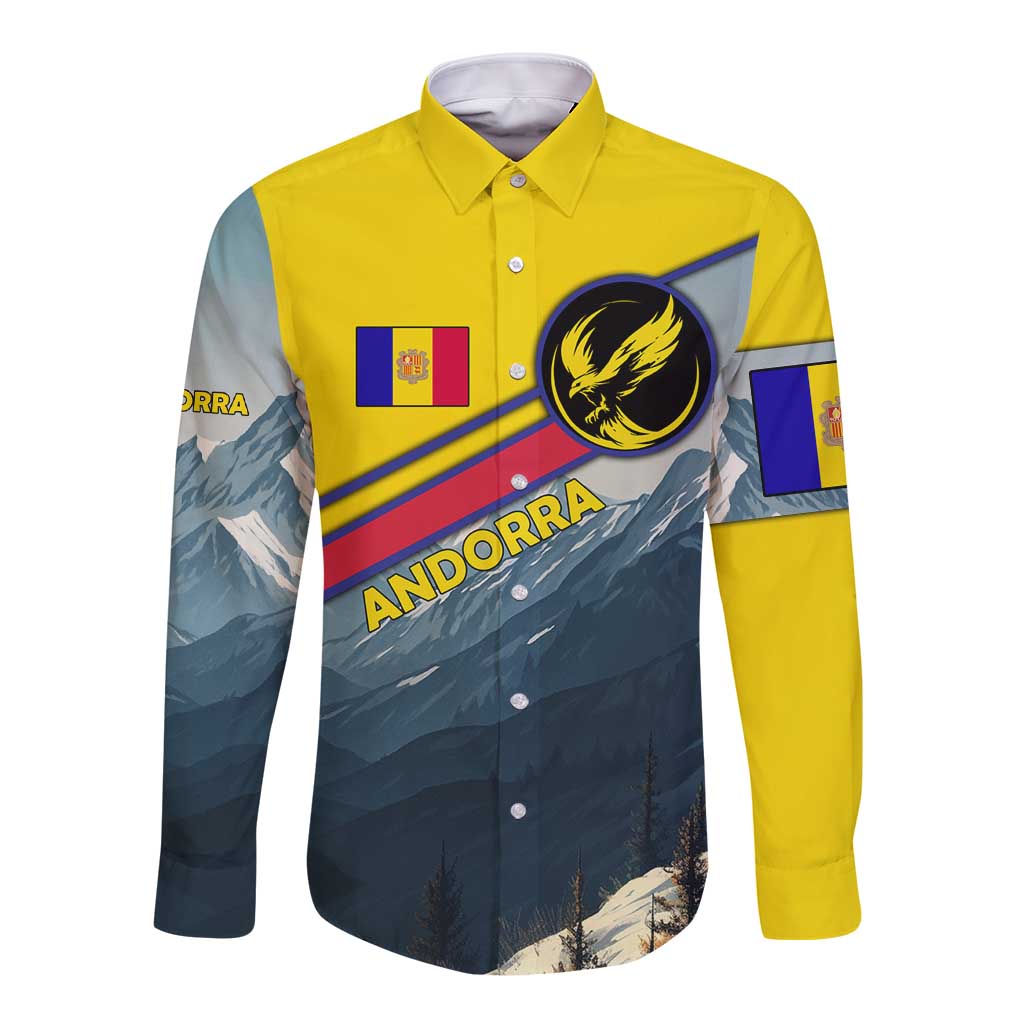 Andorra Long Sleeve Button Shirt with Mountain Ridge and Eagle Emblem Design - Wonder Print Shop