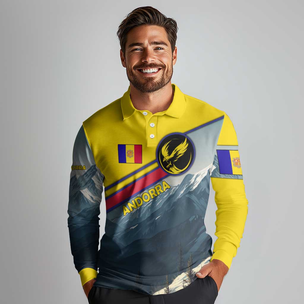 Andorra Long Sleeve Polo Shirt with Mountain Ridge and Eagle Emblem Design - Wonder Print Shop