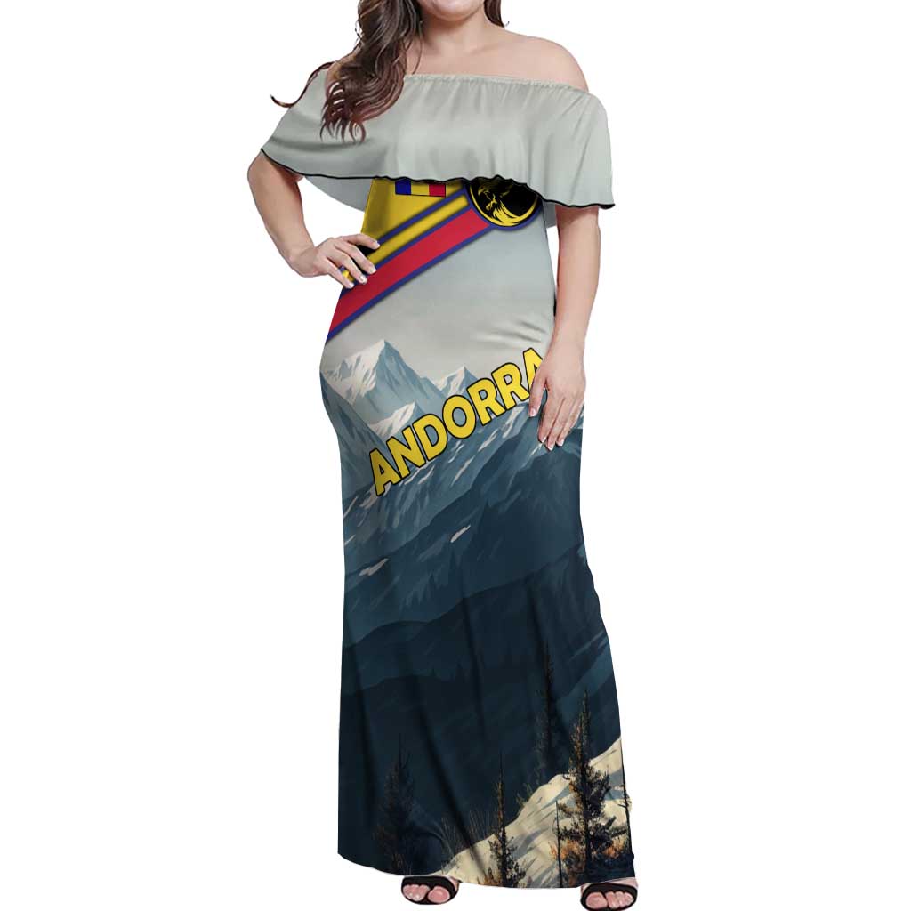 Andorra Off Shoulder Maxi Dress with Mountain Ridge and Eagle Emblem Design - Wonder Print Shop