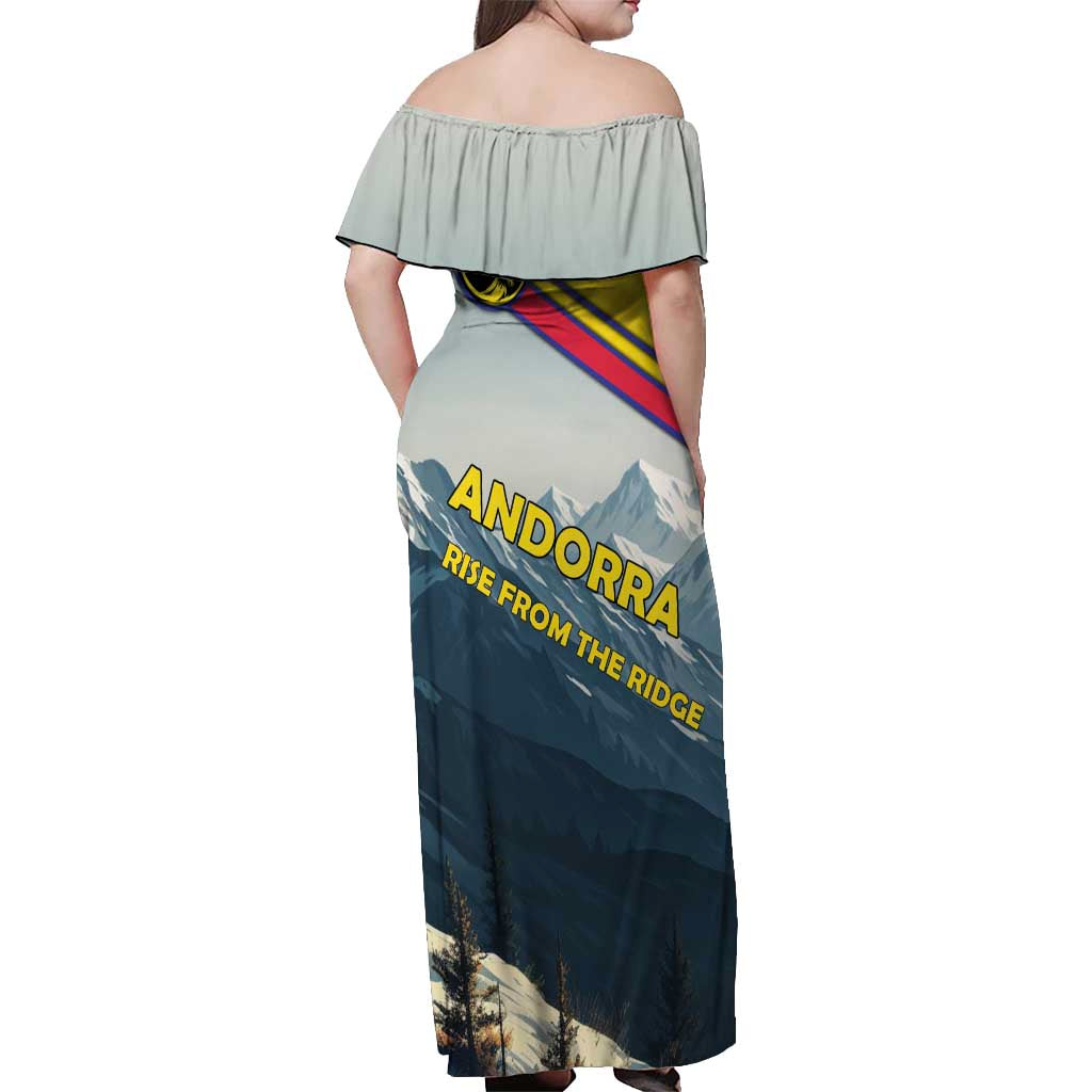 Andorra Off Shoulder Maxi Dress with Mountain Ridge and Eagle Emblem Design - Wonder Print Shop