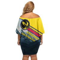 Andorra Off Shoulder Short Dress with Mountain Ridge and Eagle Emblem Design - Wonder Print Shop