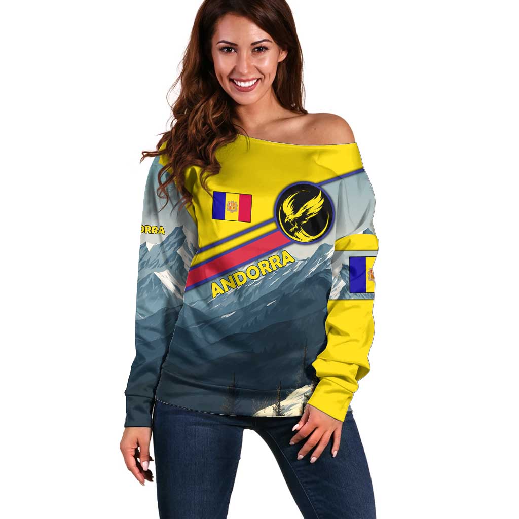 Andorra Off Shoulder Sweater with Mountain Ridge and Eagle Emblem Design - Wonder Print Shop