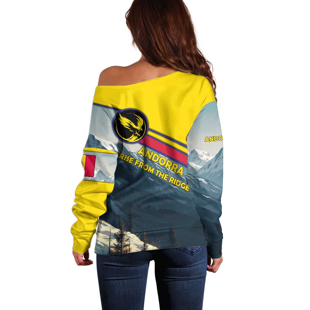 Andorra Off Shoulder Sweater with Mountain Ridge and Eagle Emblem Design - Wonder Print Shop