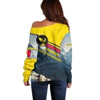 Andorra Off Shoulder Sweater with Mountain Ridge and Eagle Emblem Design - Wonder Print Shop