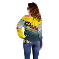 Andorra Off Shoulder Sweater with Mountain Ridge and Eagle Emblem Design - Wonder Print Shop