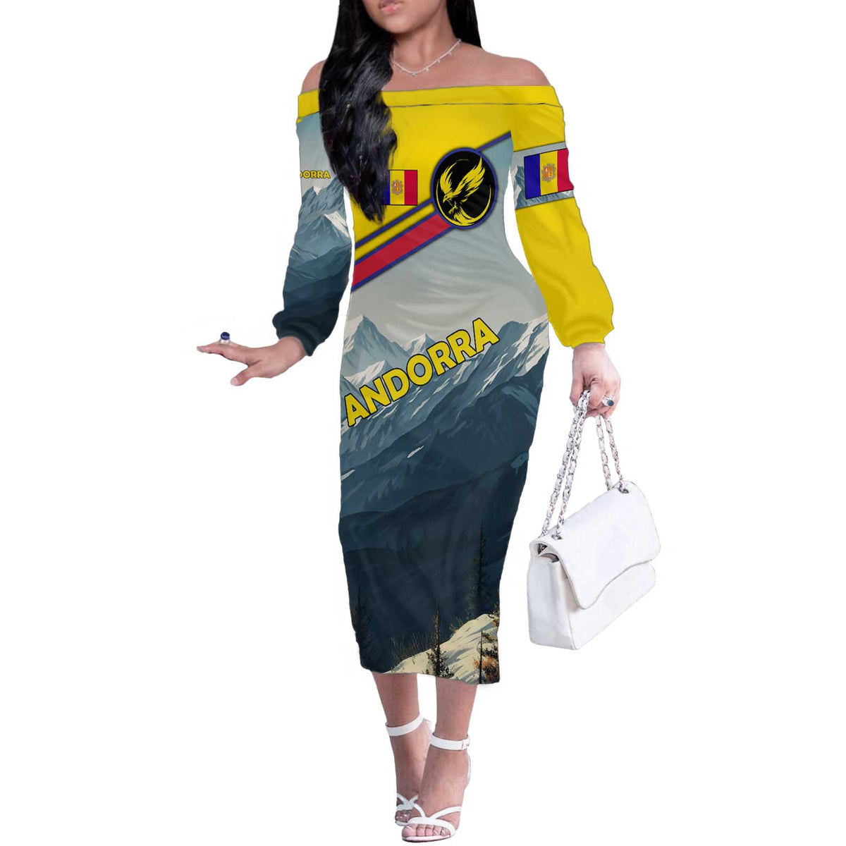 Andorra Off The Shoulder Long Sleeve Dress with Mountain Ridge and Eagle Emblem Design - Wonder Print Shop