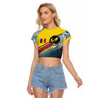 Andorra Raglan Cropped T Shirt with Mountain Ridge and Eagle Emblem Design - Wonder Print Shop