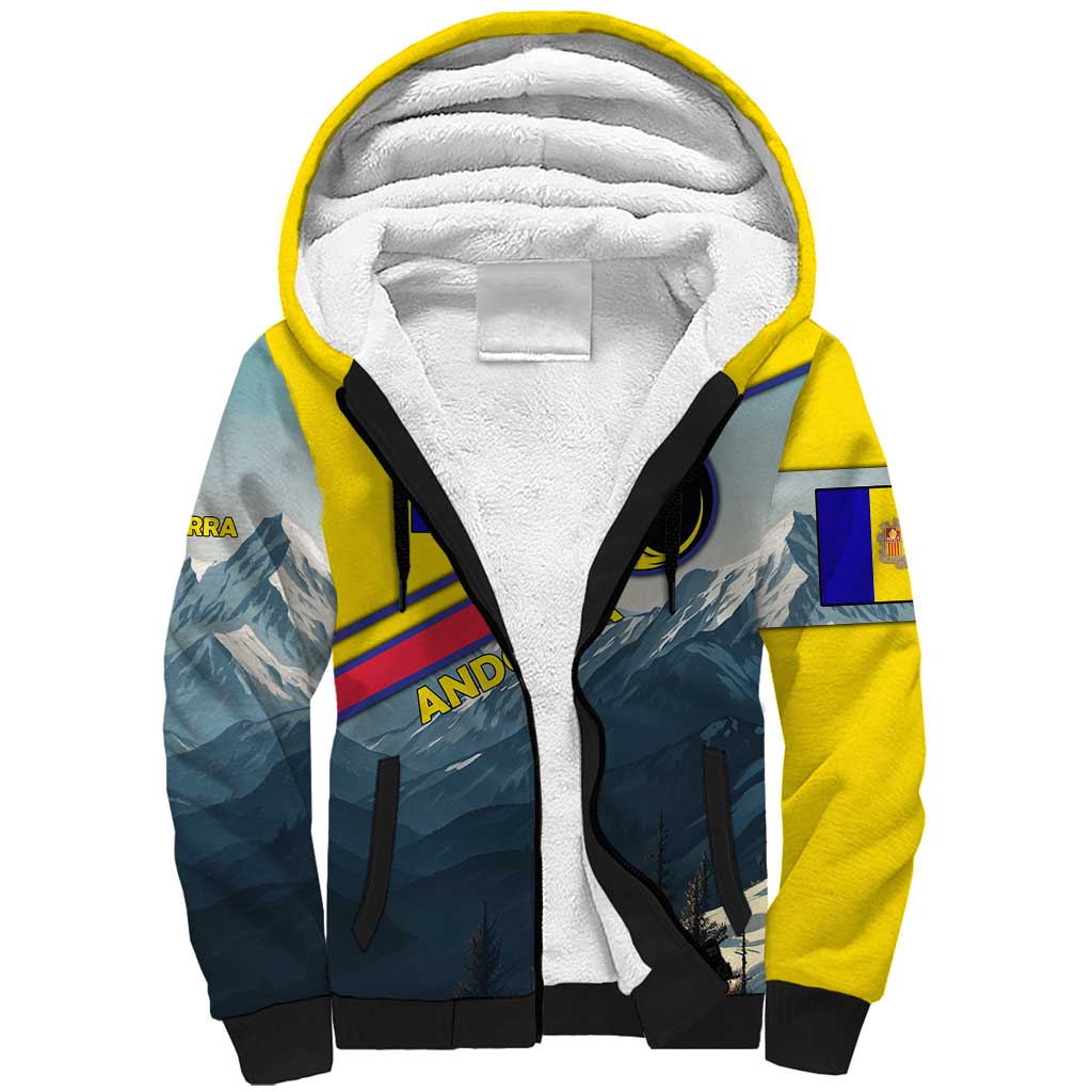 Andorra Sherpa Hoodie with Mountain Ridge and Eagle Emblem Design - Wonder Print Shop