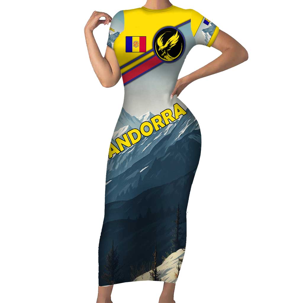 Andorra Short Sleeve Bodycon Dress with Mountain Ridge and Eagle Emblem Design - Wonder Print Shop