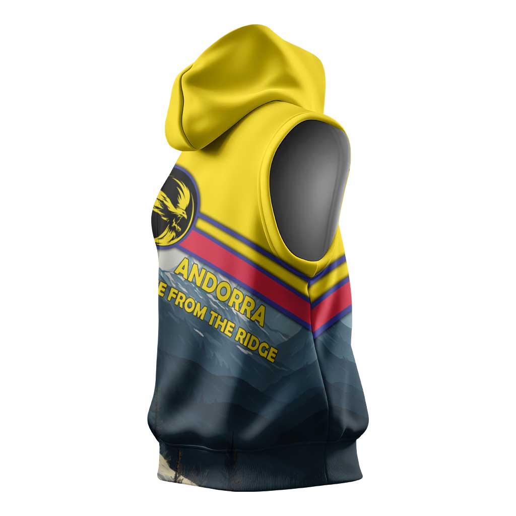 Andorra Sleeveless Hoodie with Mountain Ridge and Eagle Emblem Design - Wonder Print Shop