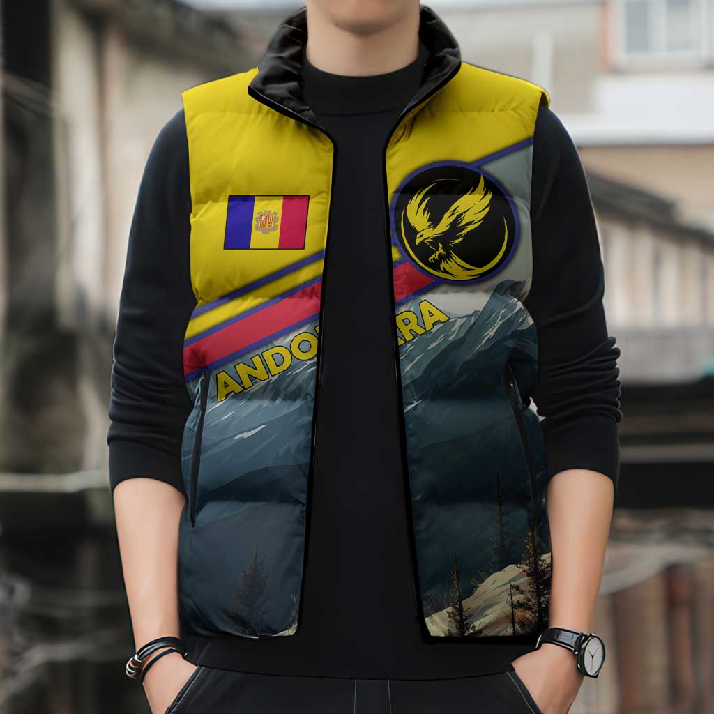 Andorra Sleeveless Puffer Jacket with Mountain Ridge and Eagle Emblem Design - Wonder Print Shop