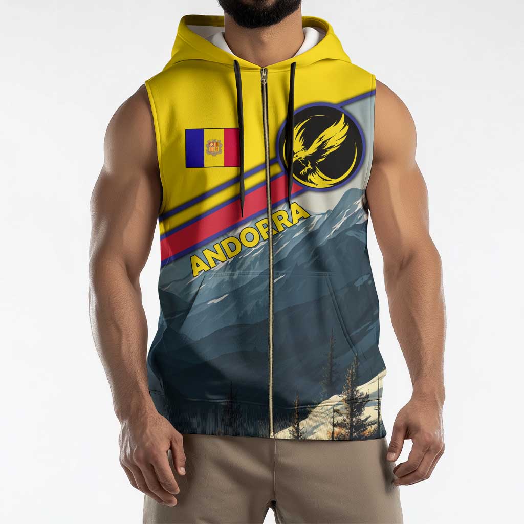 Andorra Sleeveless Zip Hoodie with Mountain Ridge and Eagle Emblem Design - Wonder Print Shop