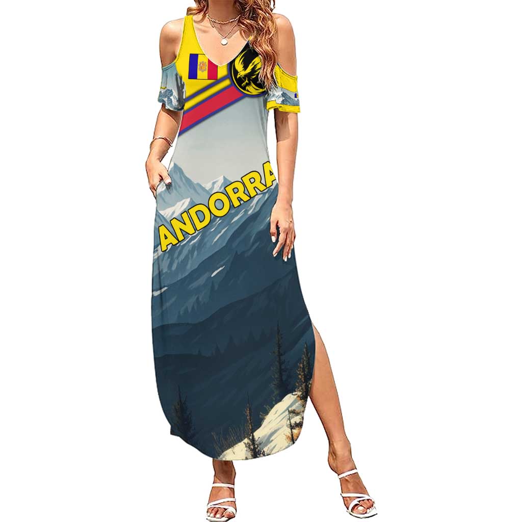 Andorra Summer Maxi Dress with Mountain Ridge and Eagle Emblem Design - Wonder Print Shop