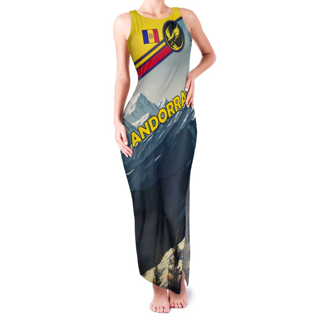 Andorra Tank Maxi Dress with Mountain Ridge and Eagle Emblem Design - Wonder Print Shop