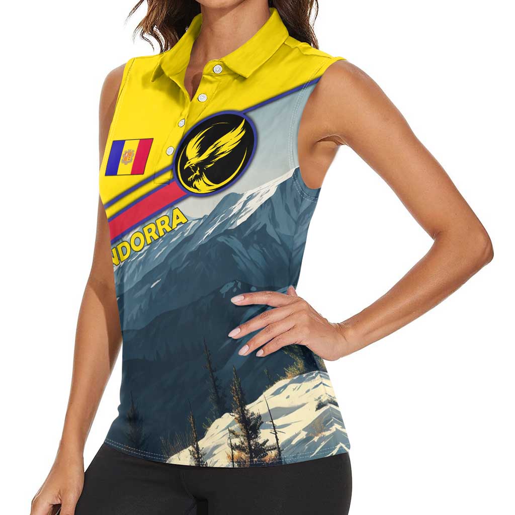 Andorra Women Sleeveless Polo Shirt with Mountain Ridge and Eagle Emblem Design - Wonder Print Shop