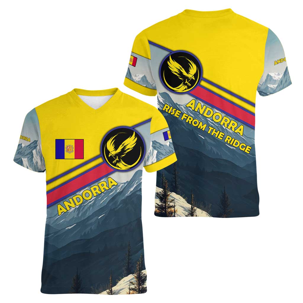Andorra Women V-Neck T-Shirt with Mountain Ridge and Eagle Emblem Design - Wonder Print Shop