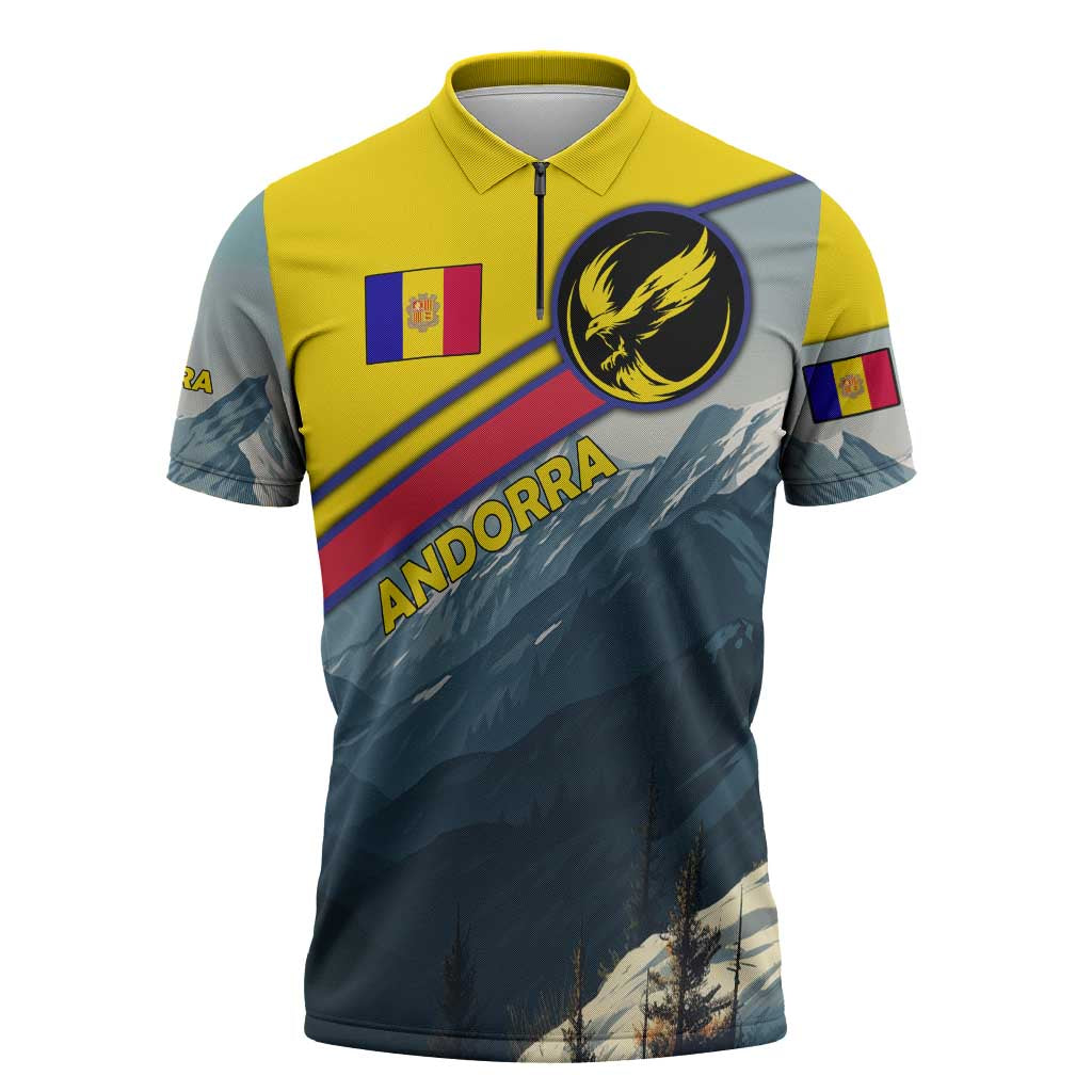 Andorra Zipper Polo Shirt with Mountain Ridge and Eagle Emblem Design - Wonder Print Shop