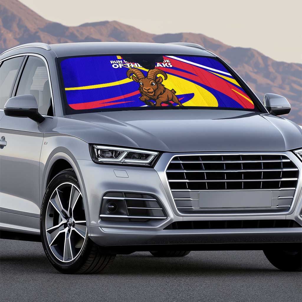 Andorra Auto Sun Shade with Cartoon Ibex and Swirl Stripe Design - Wonder Print Shop