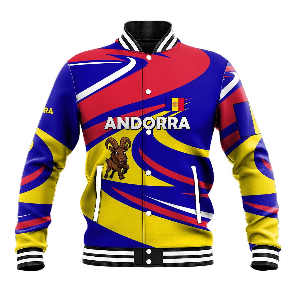 Andorra Baseball Jacket with Cartoon Ibex and Swirl Stripe Design - Wonder Print Shop