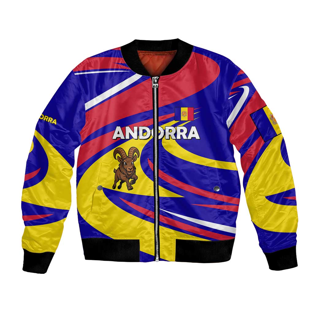 Andorra Bomber Jacket with Cartoon Ibex and Swirl Stripe Design - Wonder Print Shop
