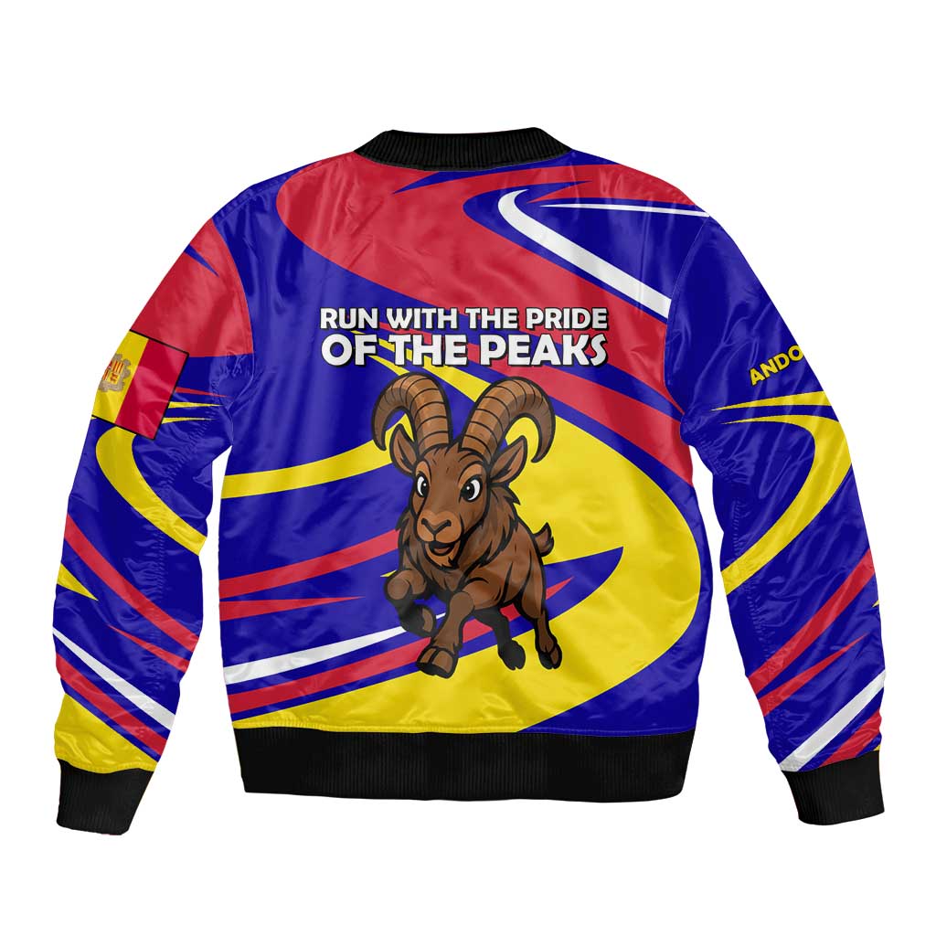 Andorra Bomber Jacket with Cartoon Ibex and Swirl Stripe Design - Wonder Print Shop