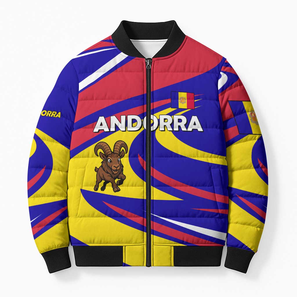 Andorra Bomber Puffer Jacket with Cartoon Ibex and Swirl Stripe Design - Wonder Print Shop