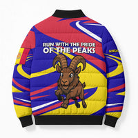 Andorra Bomber Puffer Jacket with Cartoon Ibex and Swirl Stripe Design - Wonder Print Shop