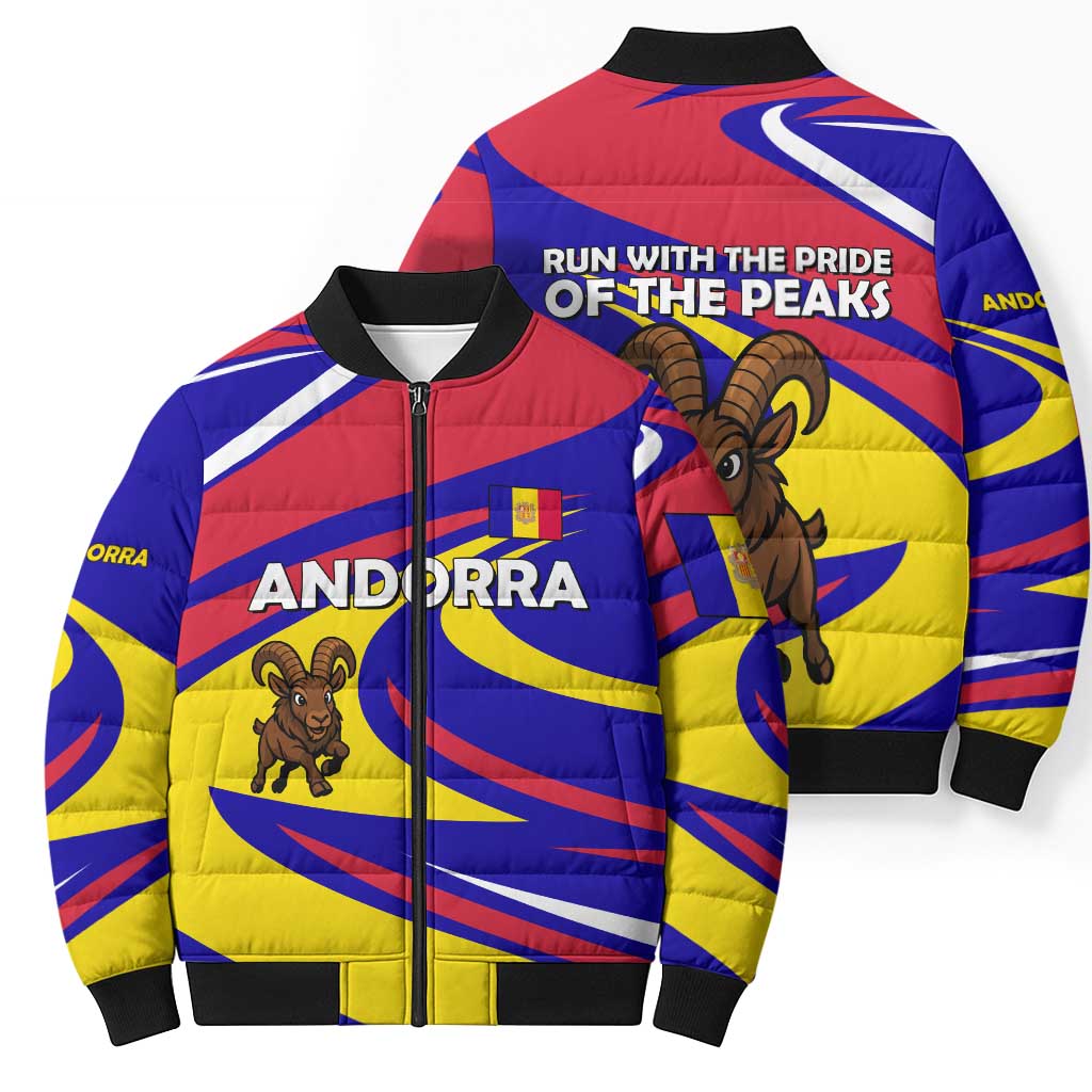 Andorra Bomber Puffer Jacket with Cartoon Ibex and Swirl Stripe Design - Wonder Print Shop