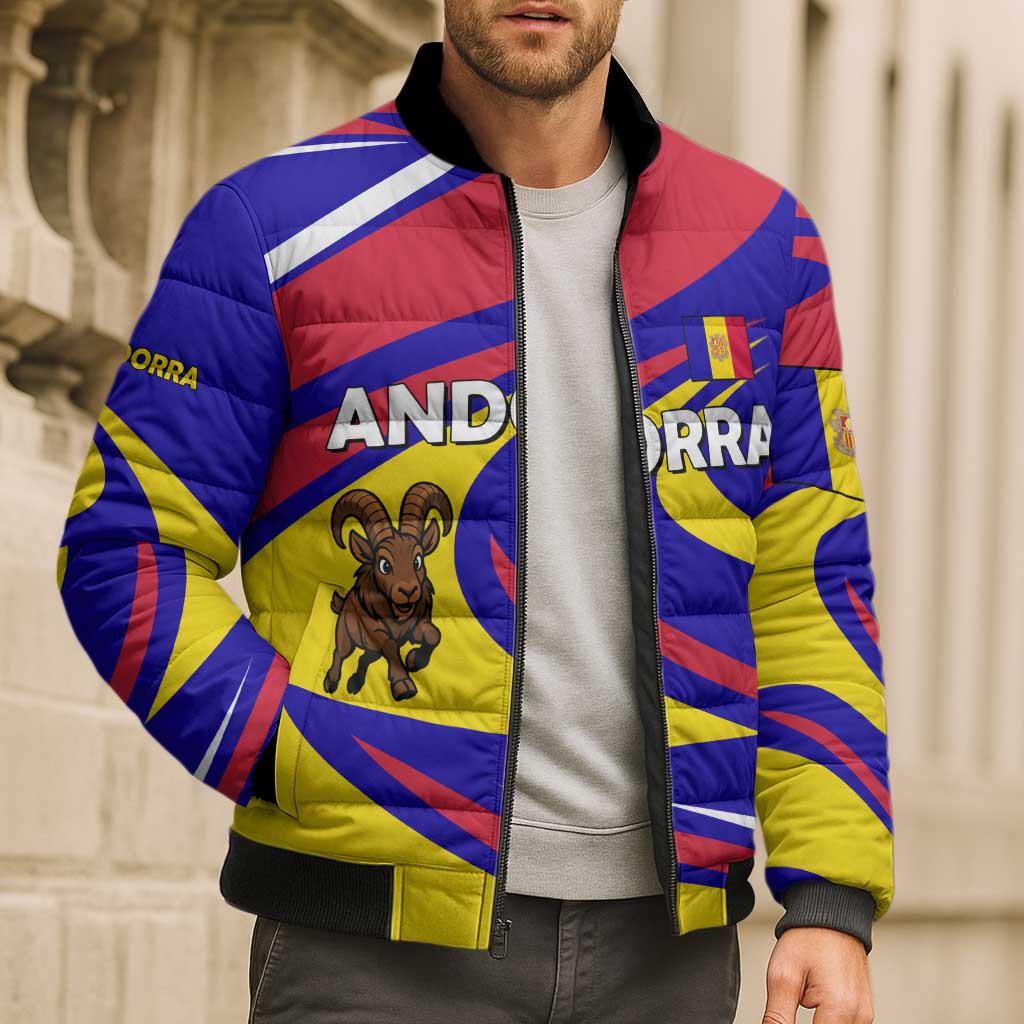 Andorra Bomber Puffer Jacket with Cartoon Ibex and Swirl Stripe Design - Wonder Print Shop