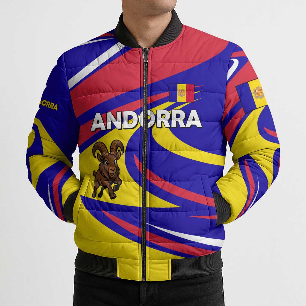 Andorra Bomber Puffer Jacket with Cartoon Ibex and Swirl Stripe Design - Wonder Print Shop
