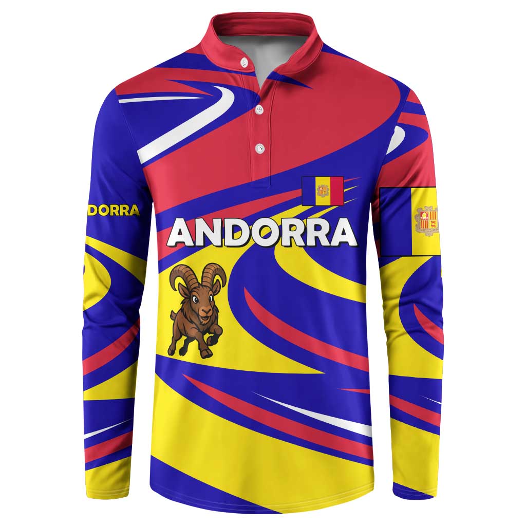 Andorra Button Sweatshirt with Cartoon Ibex and Swirl Stripe Design - Wonder Print Shop
