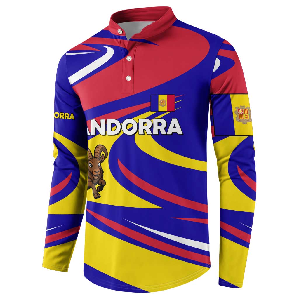 Andorra Button Sweatshirt with Cartoon Ibex and Swirl Stripe Design - Wonder Print Shop