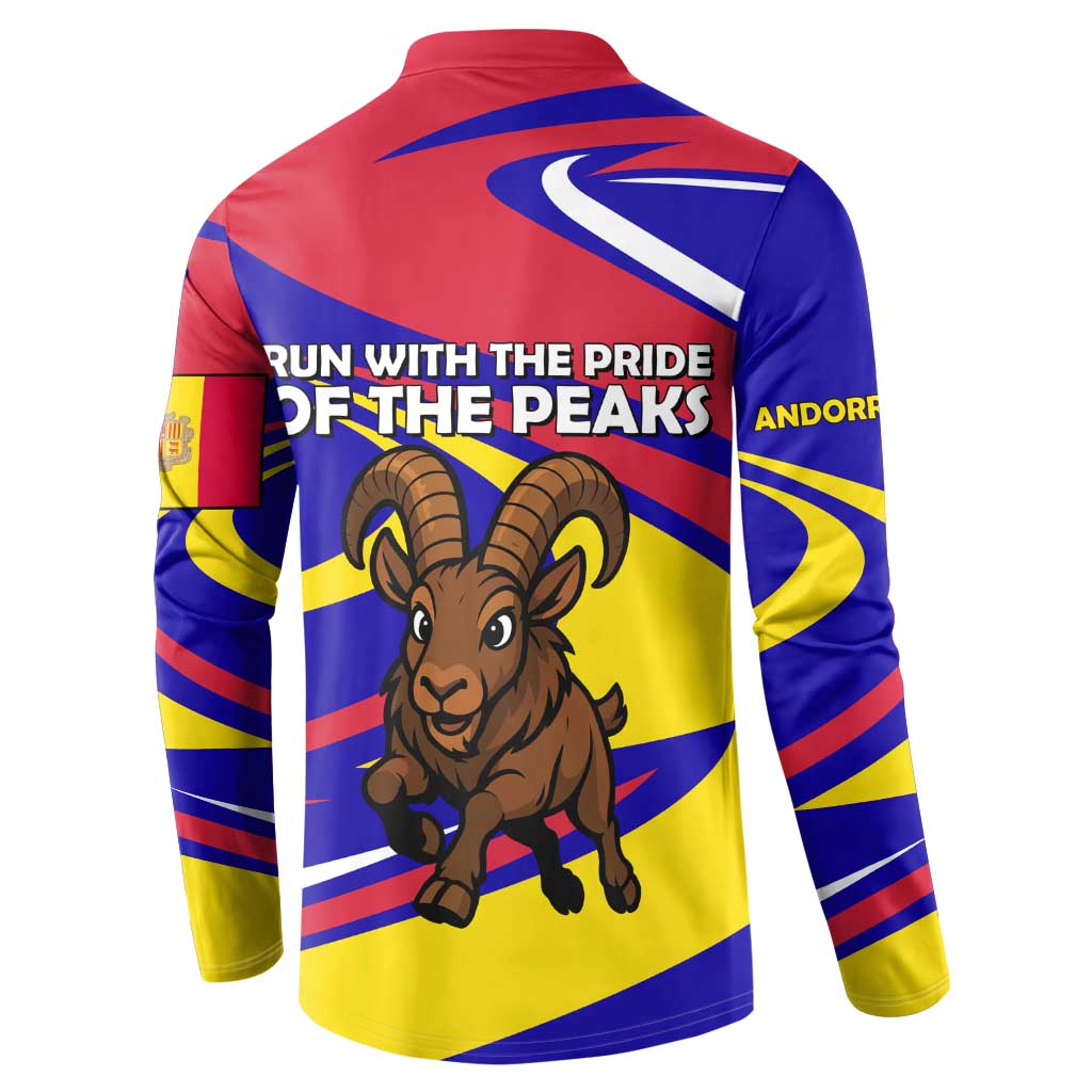 Andorra Button Sweatshirt with Cartoon Ibex and Swirl Stripe Design - Wonder Print Shop