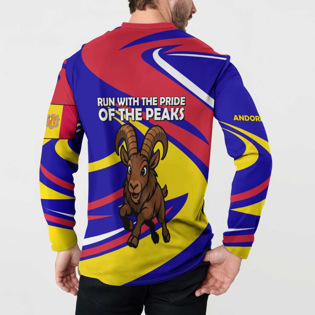 Andorra Button Sweatshirt with Cartoon Ibex and Swirl Stripe Design - Wonder Print Shop